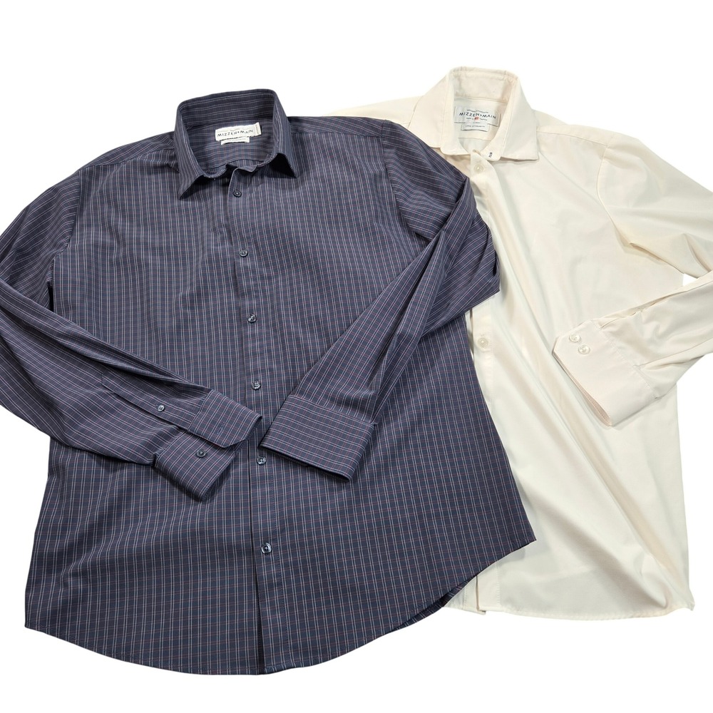 Mizzen+Main Leeward Dress Shirt Bundle 2pk Mens Large Standard Fit Plaid Cream